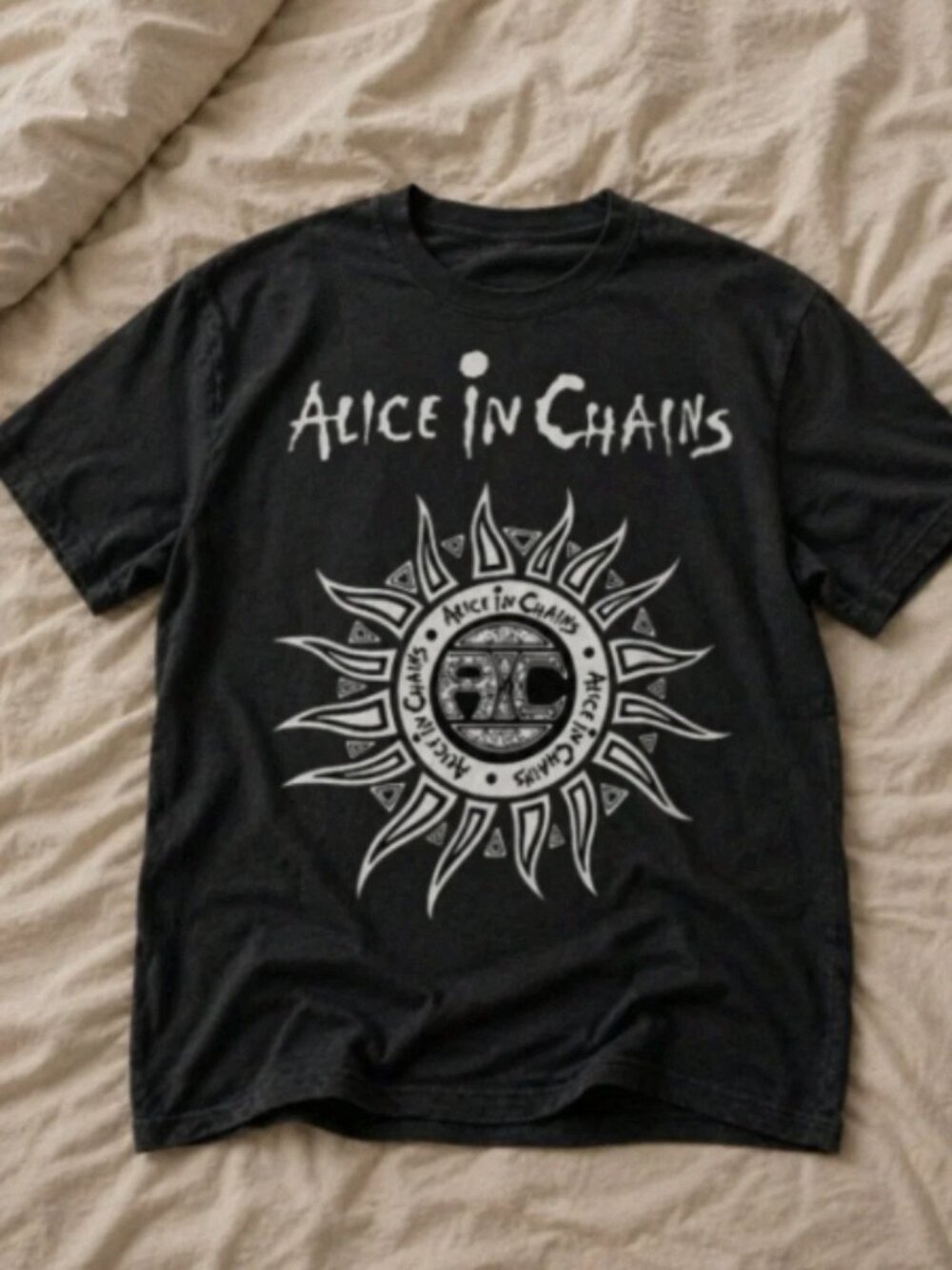 Alice In Chains Black Graphic T-Shirt AIC Sun Logo Band Tee